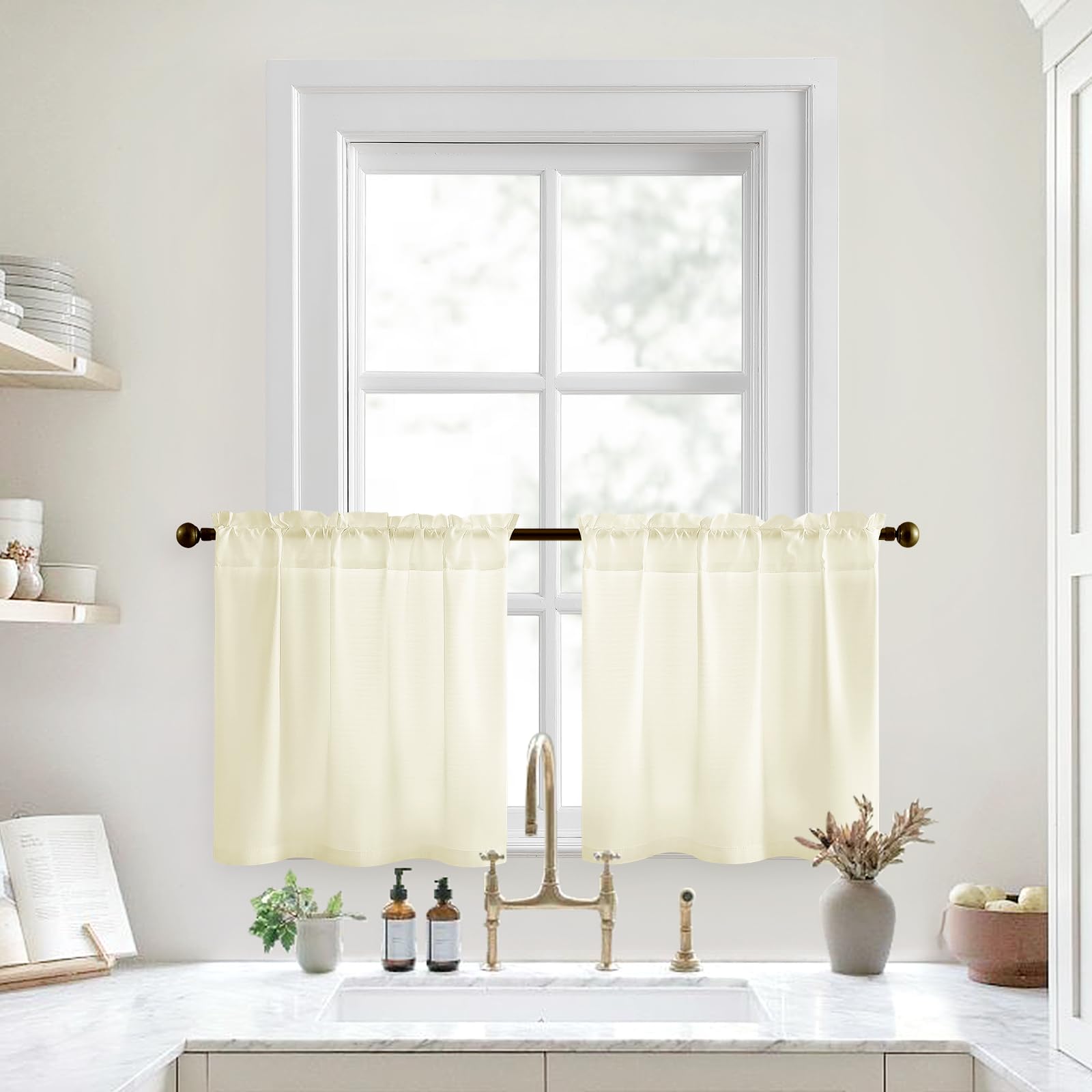 HOMEIDEAS Cream Yellow Kitchen Curtains 30 X 24 Inches 2 Panels Set Non-See-Through Privacy Semi Sheer Short Window Curtains Fis